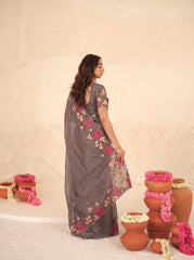 Mauve Floral Embroidered Silk Saree - Embroidery Close-up - Kalyanja KS163