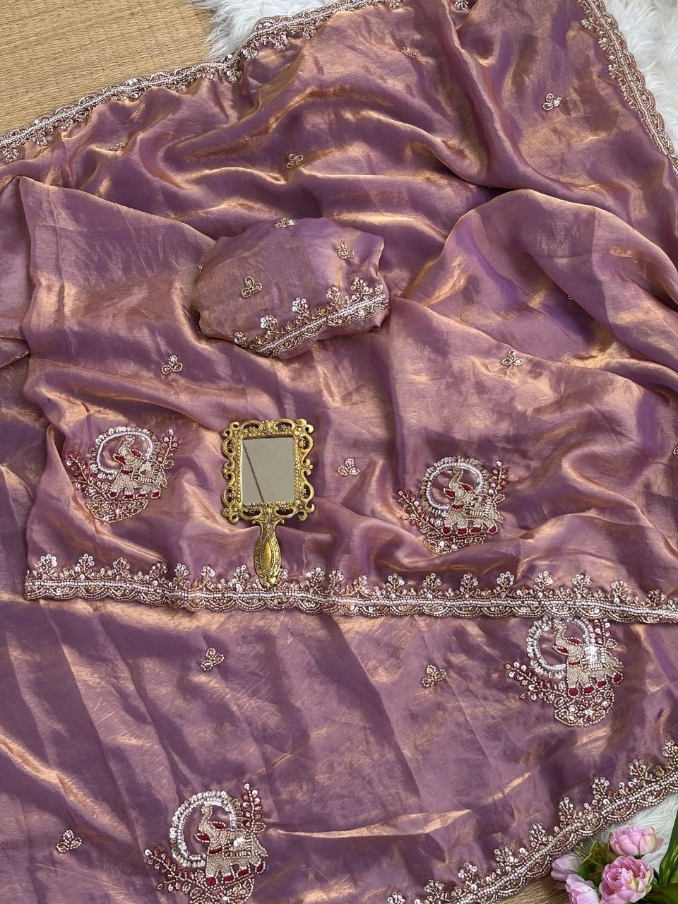 Mauve Pink Beads Cutdana Work Saree Fendy Satin KS412 – view 1