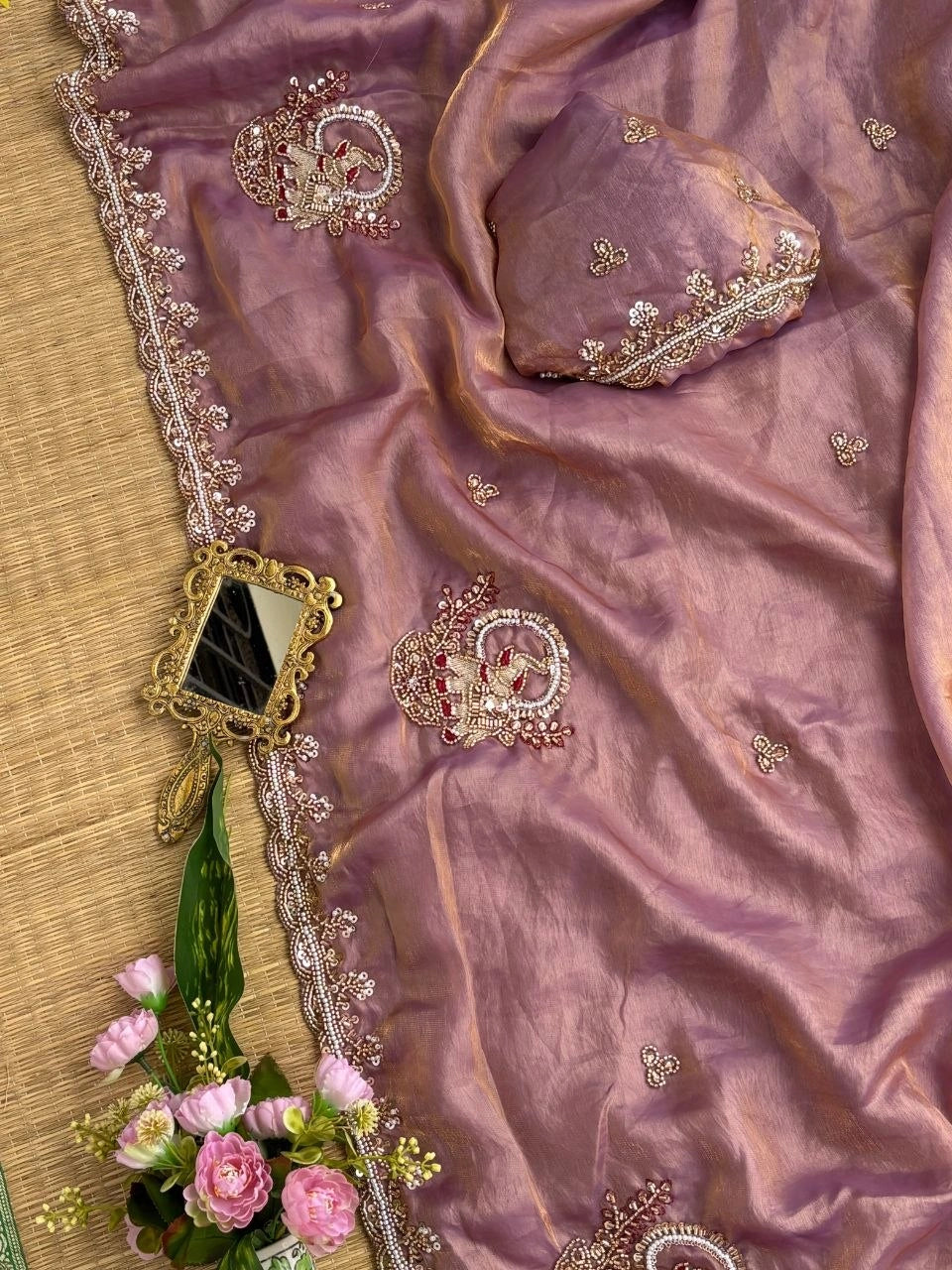 Mauve Pink Beads Cutdana Work Saree Fendy Satin KS412 – view 3