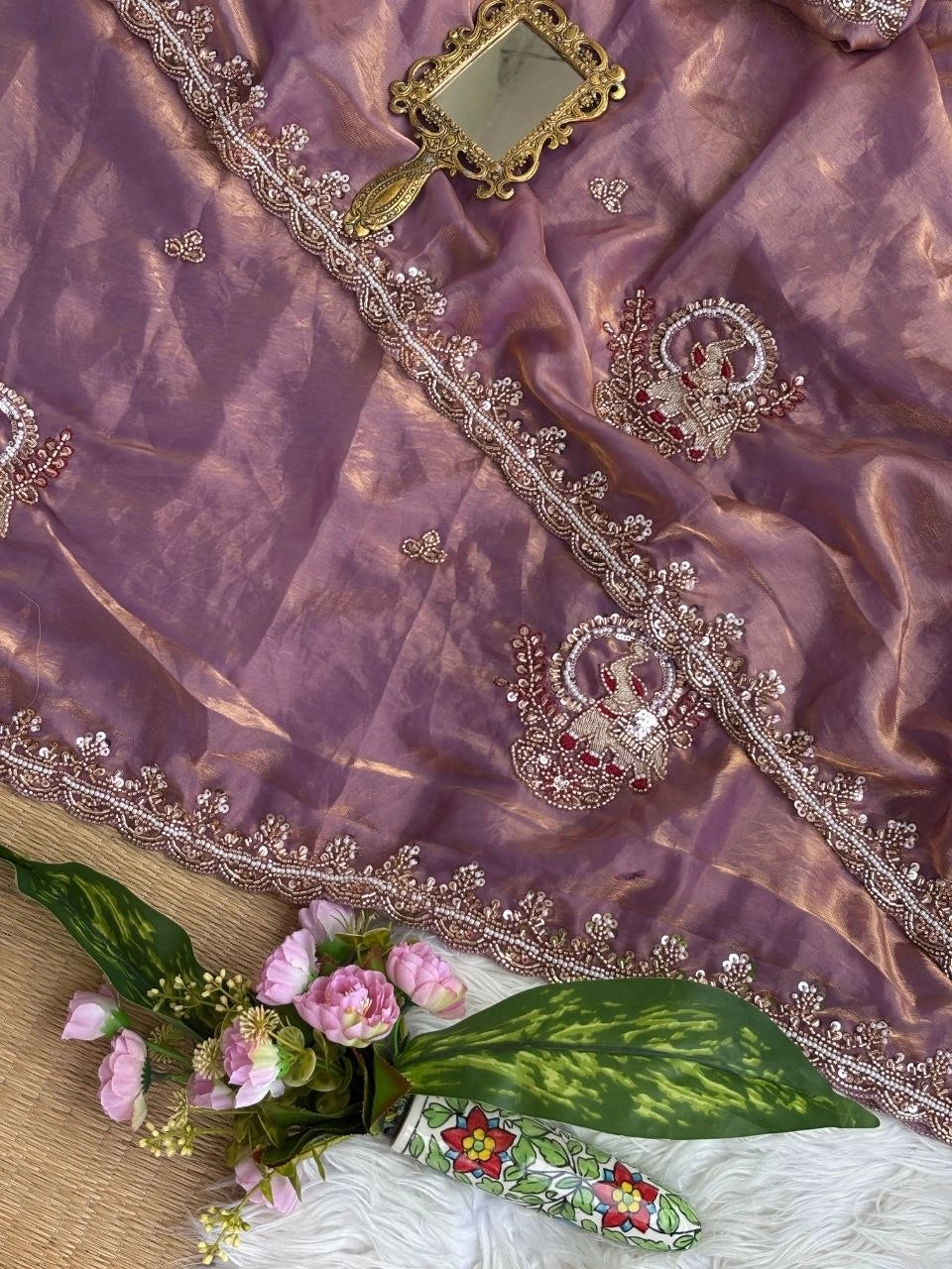 Mauve Pink Beads Cutdana Work Saree Fendy Satin KS412 – view 5