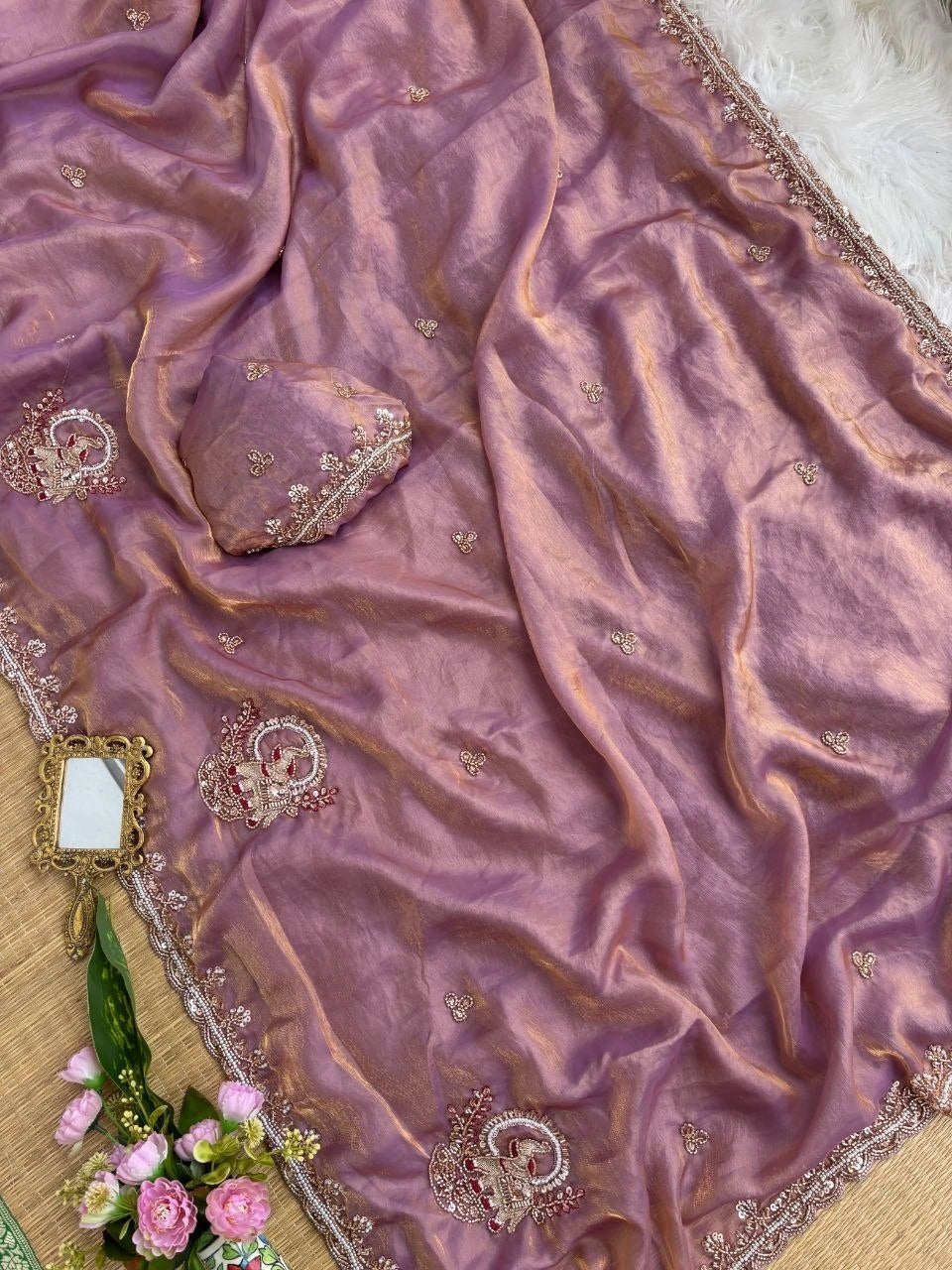 Mauve Pink Beads Cutdana Work Saree Fendy Satin KS412 – view 6