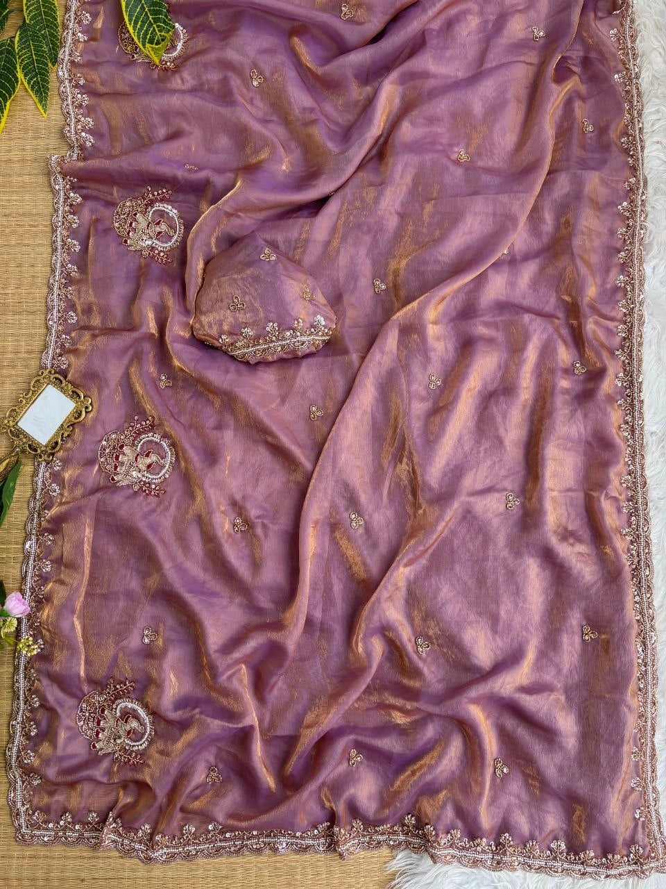 Mauve Pink Beads Cutdana Work Saree Fendy Satin KS412 – view 7