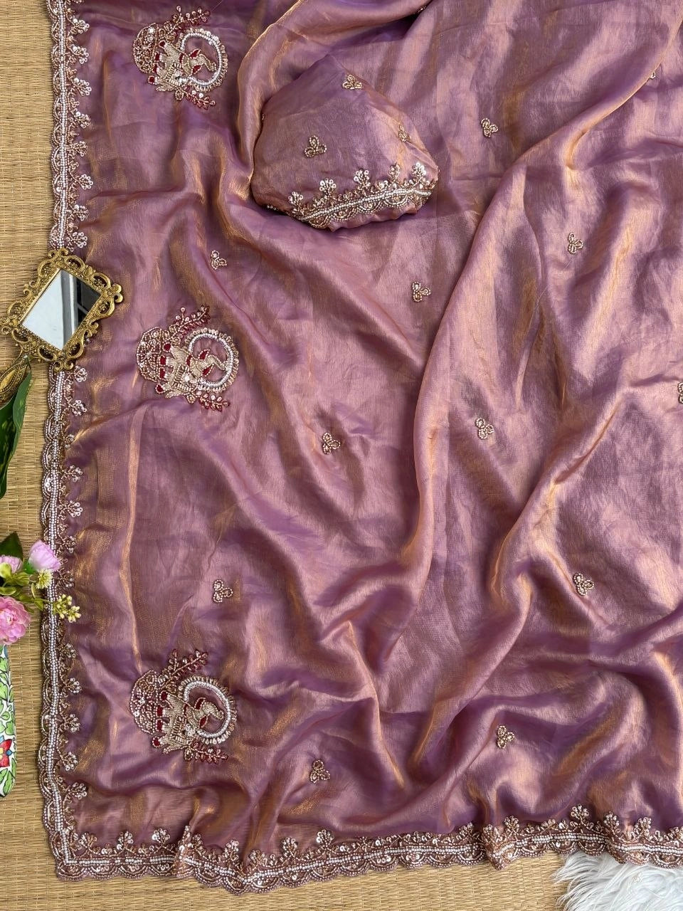 Mauve Pink Beads Cutdana Work Saree Fendy Satin KS412 – view 8