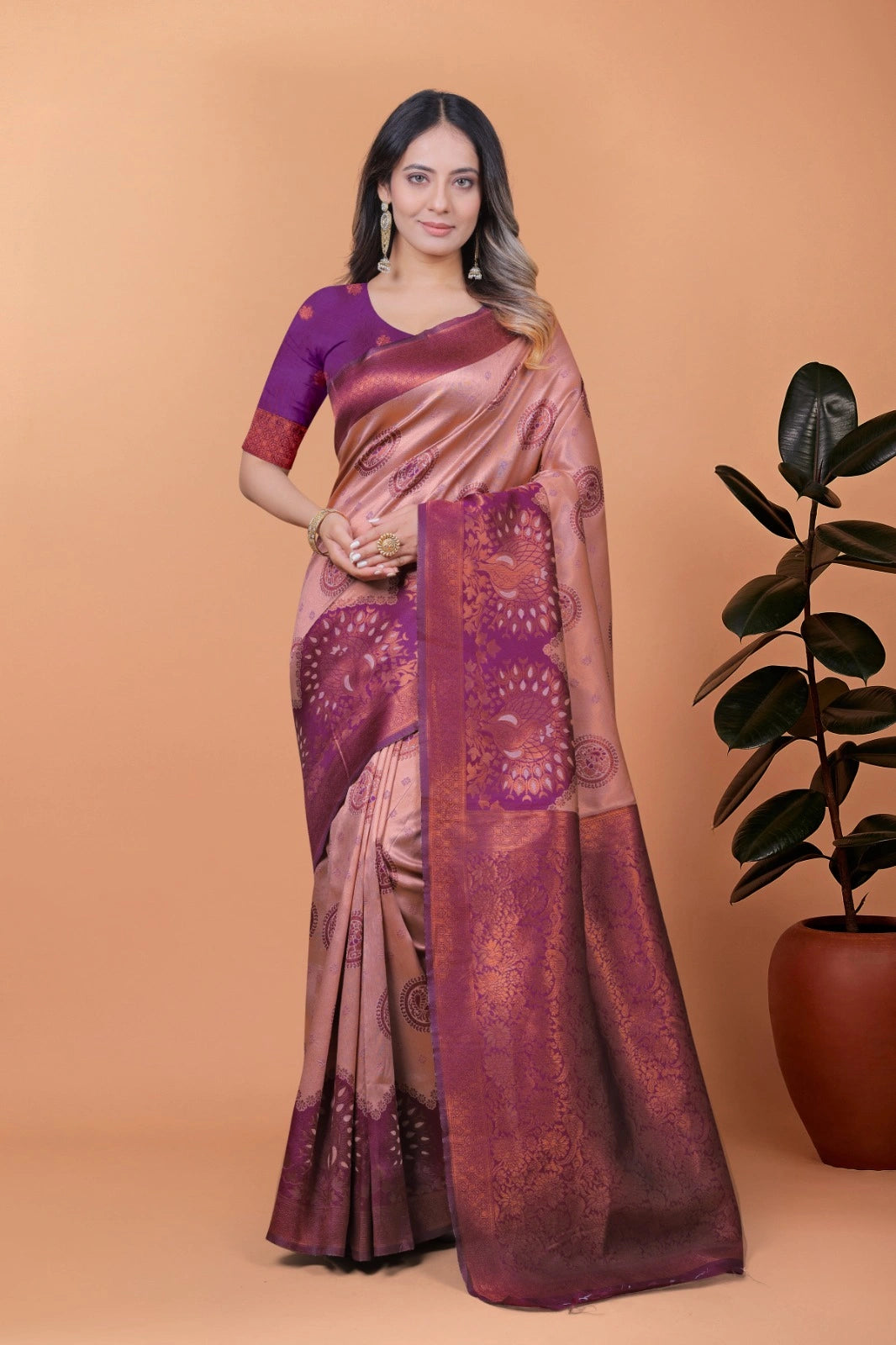 Mauve Pink Zari Weaving Saree – Banarasi Jacquard Blend front view – KS396