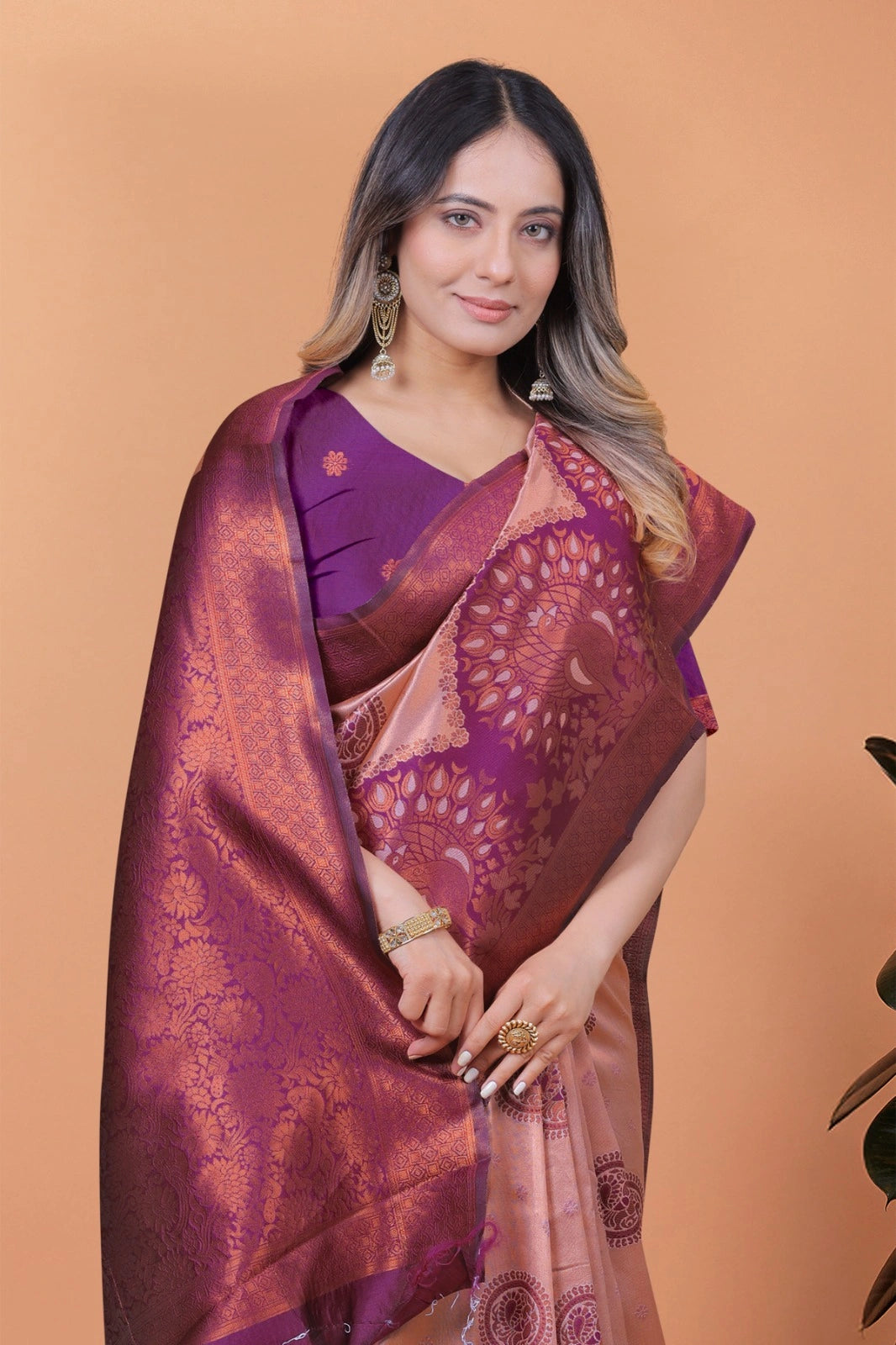 Mauve Pink Zari Weaving Saree – back pallu view – KS396