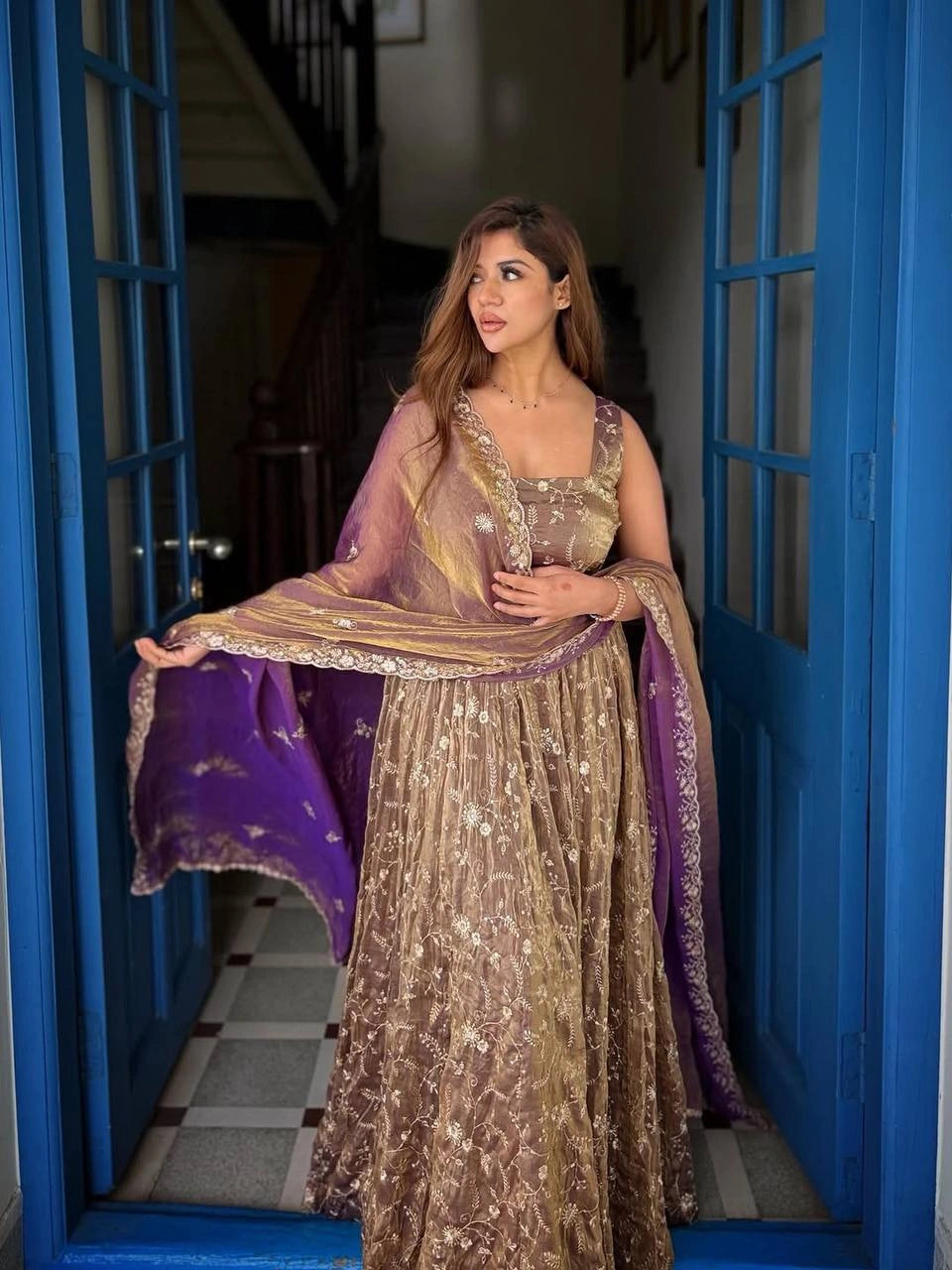 Mauve Sequins Embroidered Anarkali Suit front full-length model with dupatta – Kalyanja KU300