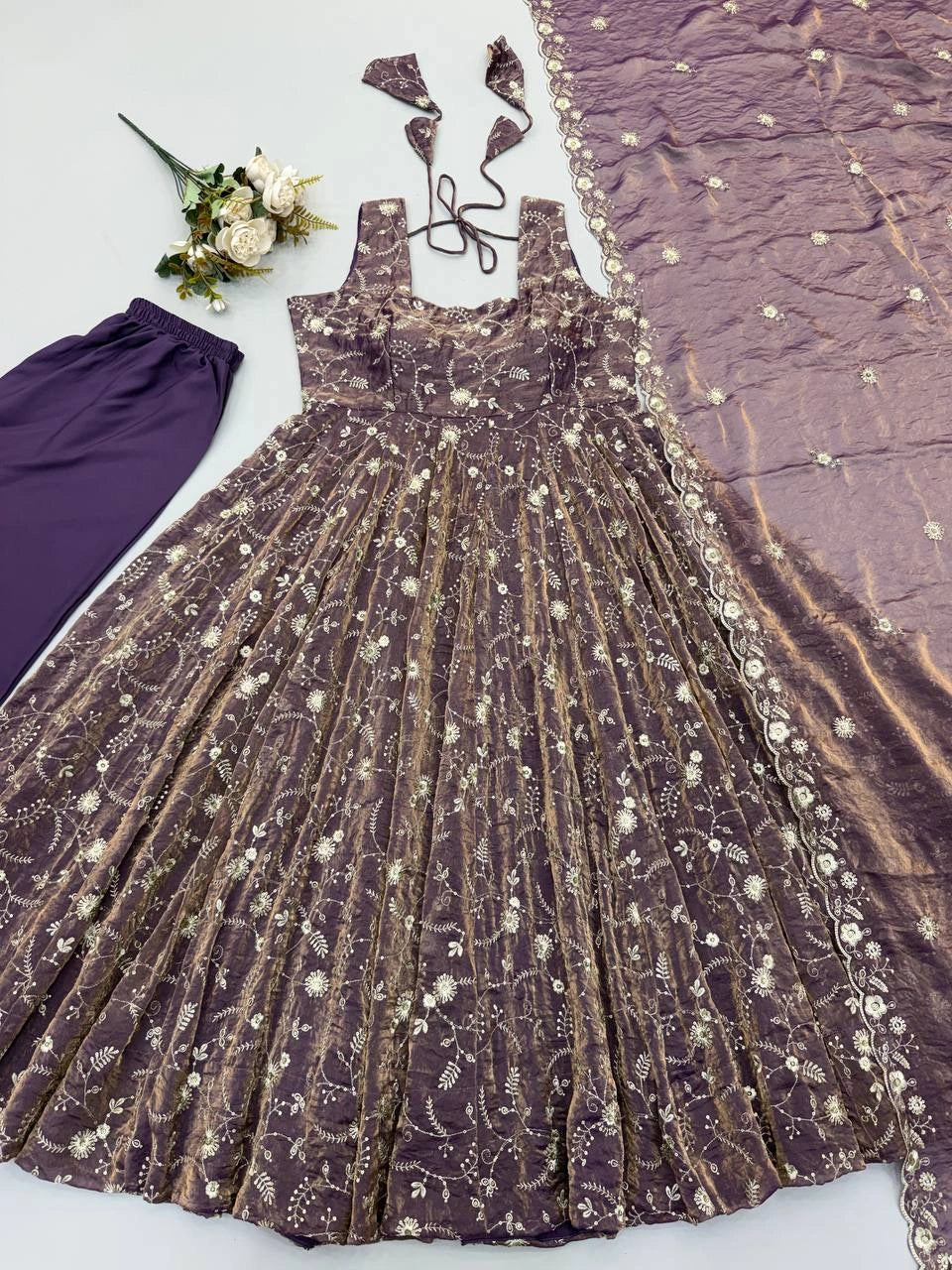 Mauve Sequins Embroidered Anarkali Suit flat lay hem border detail – Kalyanja KU300