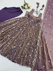 Mauve Anarkali Suit flat lay composite view – Kalyanja KU300
