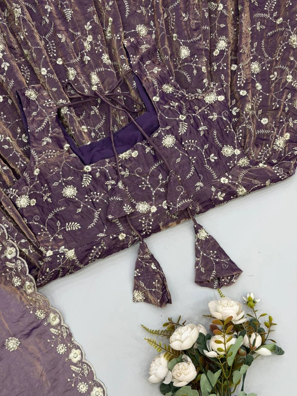 Mauve Sequins Anarkali Suit flat lay full product 12 – Kalyanja KU300