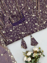 Mauve Sequins Anarkali Suit flat lay full product 12 – Kalyanja KU300