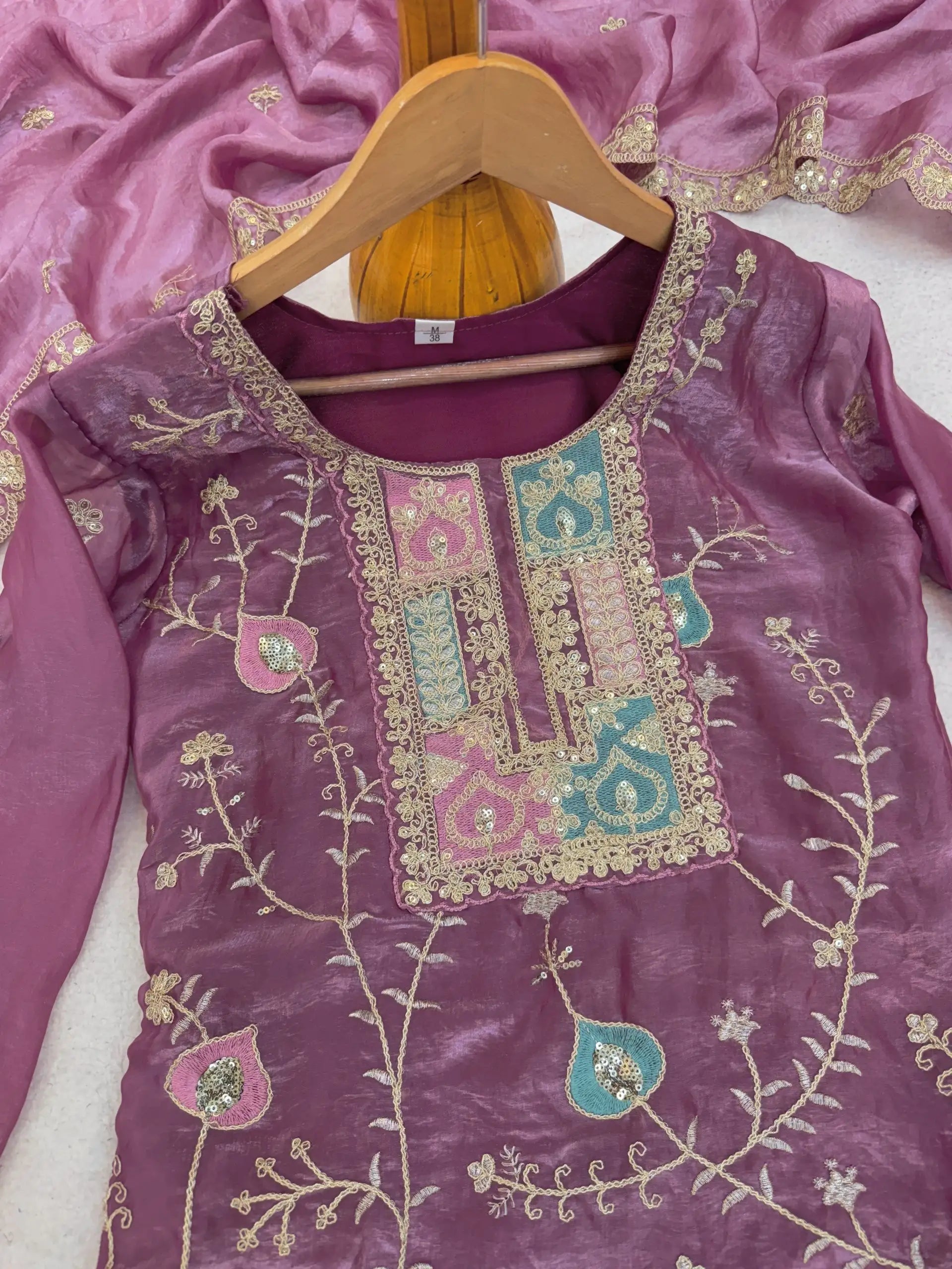 Mauve Sequins Embroidered Suit Palazzo Dupatta KU253 flat lay complete set