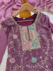 Mauve Sequins Embroidered Suit Palazzo Dupatta KU253 flat lay complete set