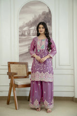 Mauve Sequins Embroidered Suit with Palazzo and Dupatta - KU253 front view