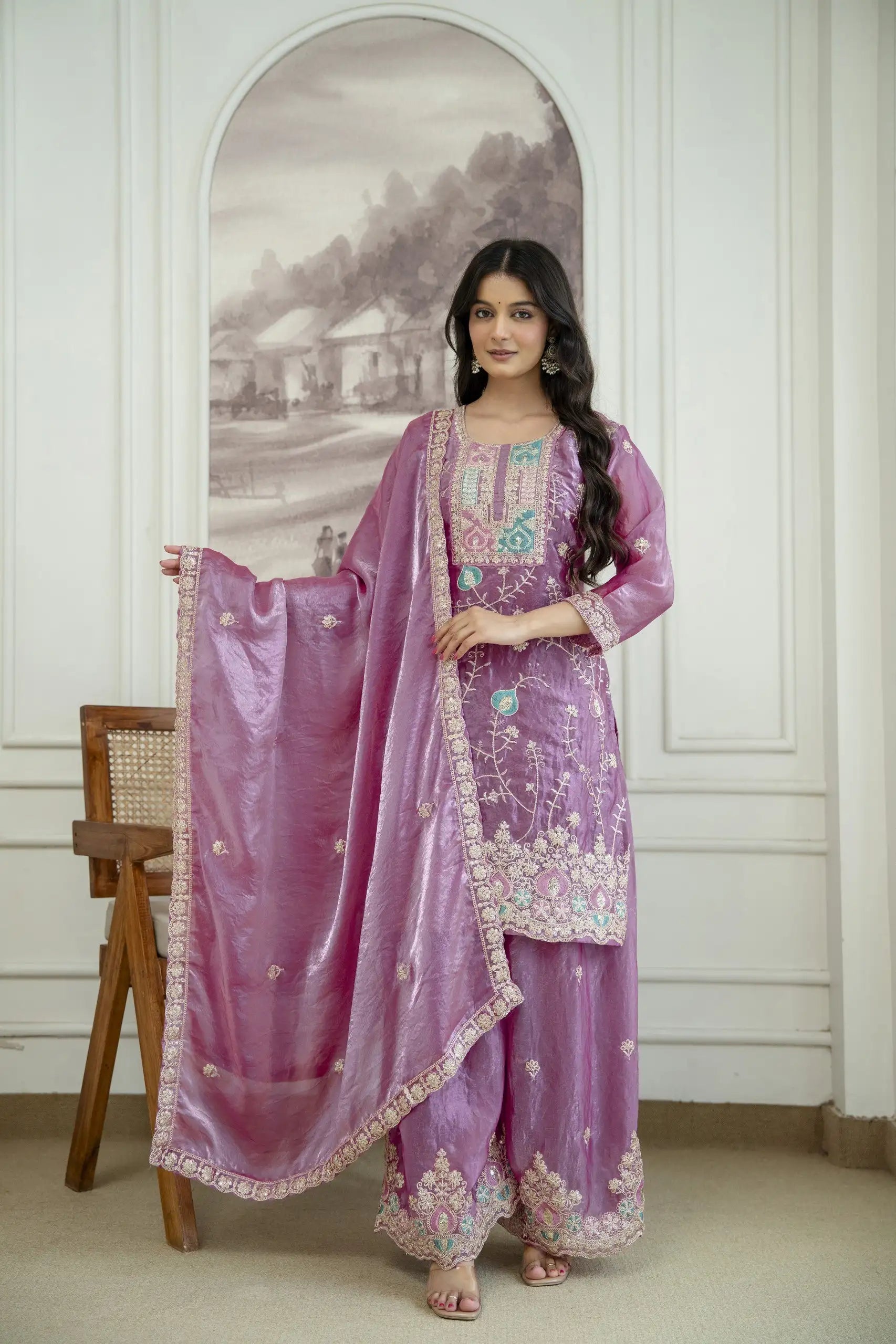 Mauve Sequins Embroidered Palazzo Suit Kalyanja KU253 full length with dupatta