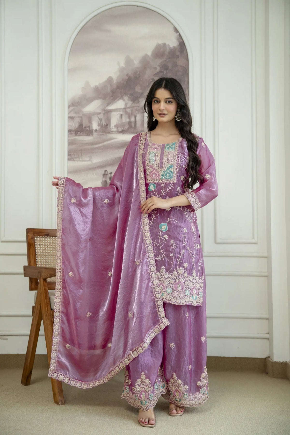 Mauve Sequins Embroidered Palazzo Suit Kalyanja KU253 full length with dupatta