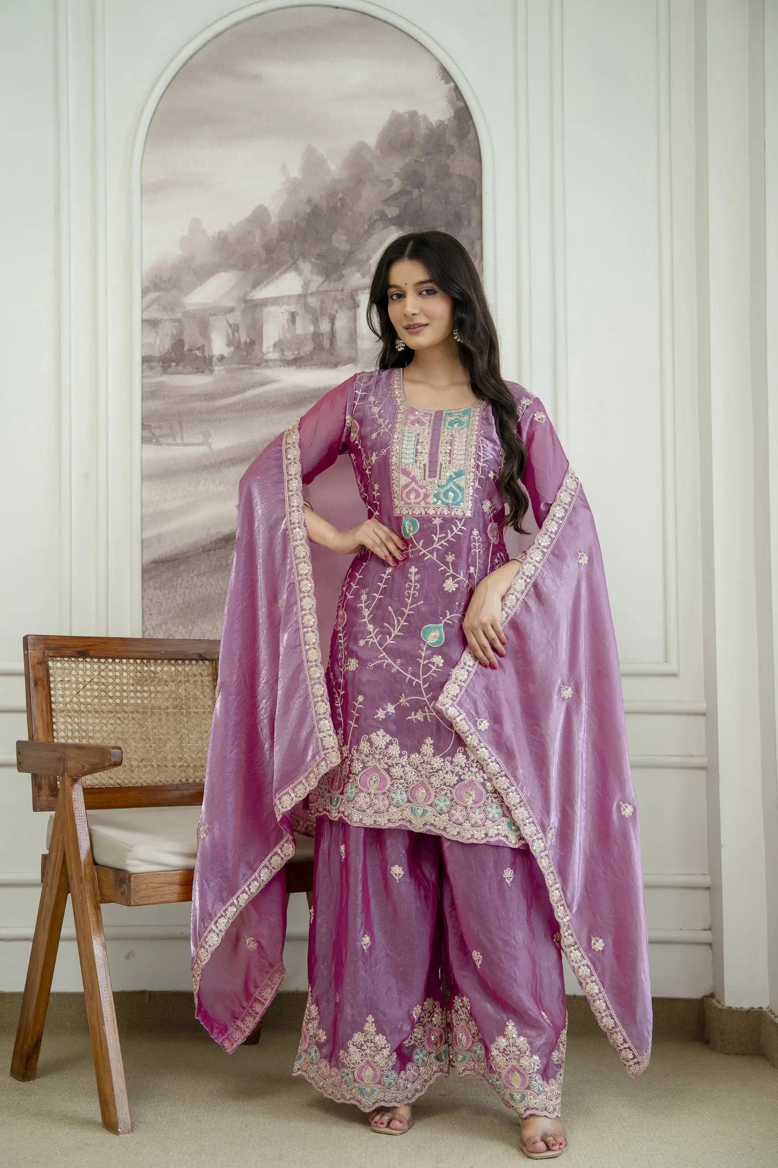 Mauve Fendy Silk Blend Suit KU253 standing model front shot