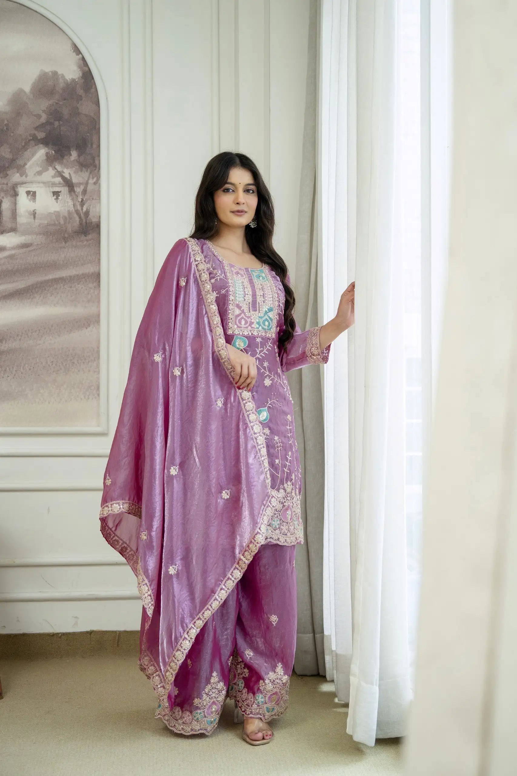 Mauve Sequins Embroidered Suit Kalyanja KU253 side pose with dupatta