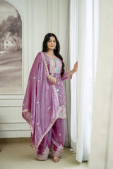 Mauve Sequins Embroidered Suit Kalyanja KU253 side pose with dupatta
