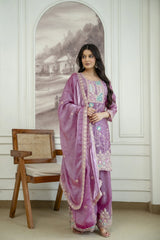 Mauve Sequins Embroidered Palazzo Suit KU253 three quarter angle