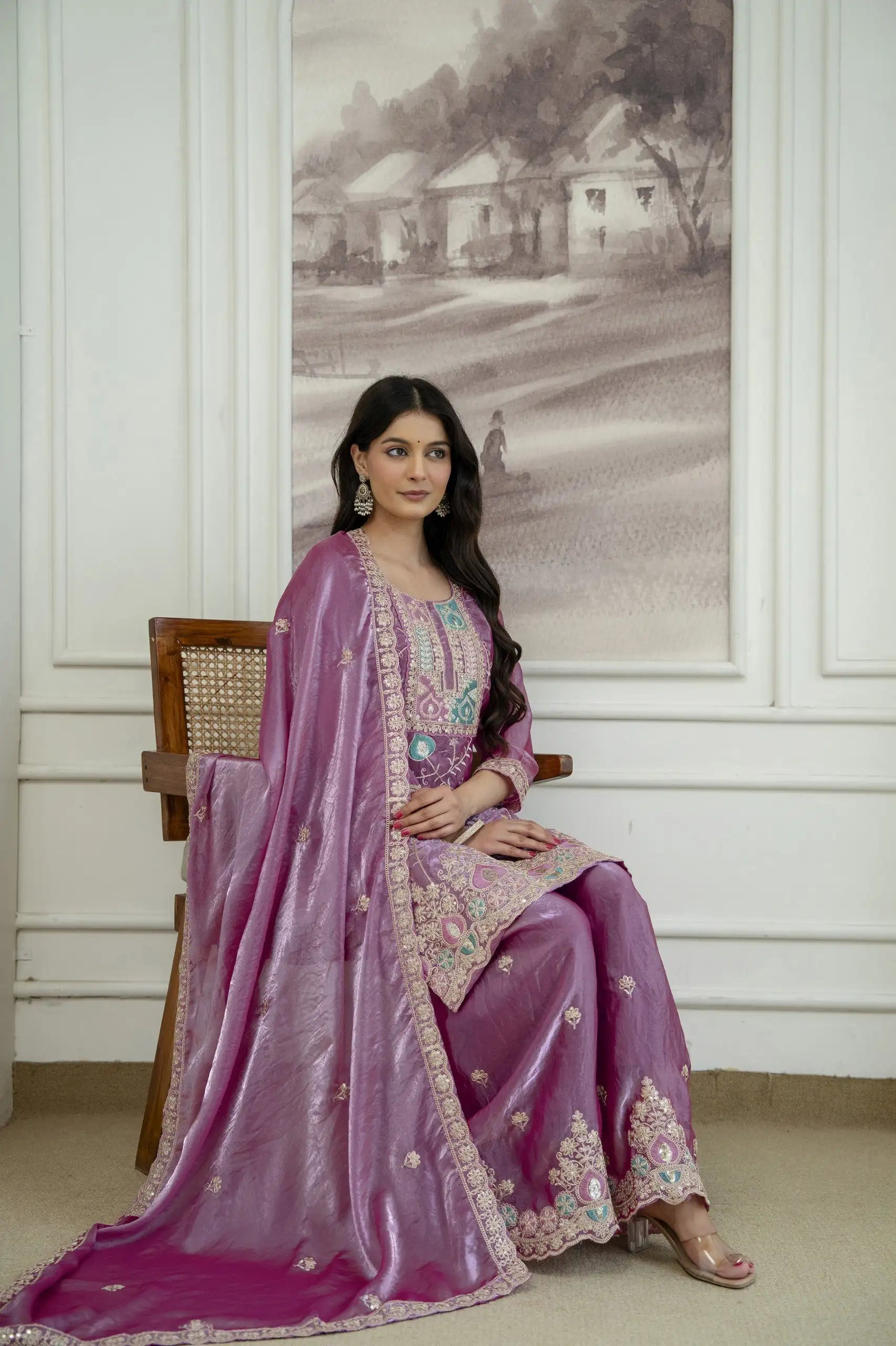 Mauve Fendy Silk Blend Suit KU253 seated full outfit view