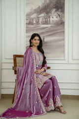 Mauve Fendy Silk Blend Suit KU253 seated full outfit view