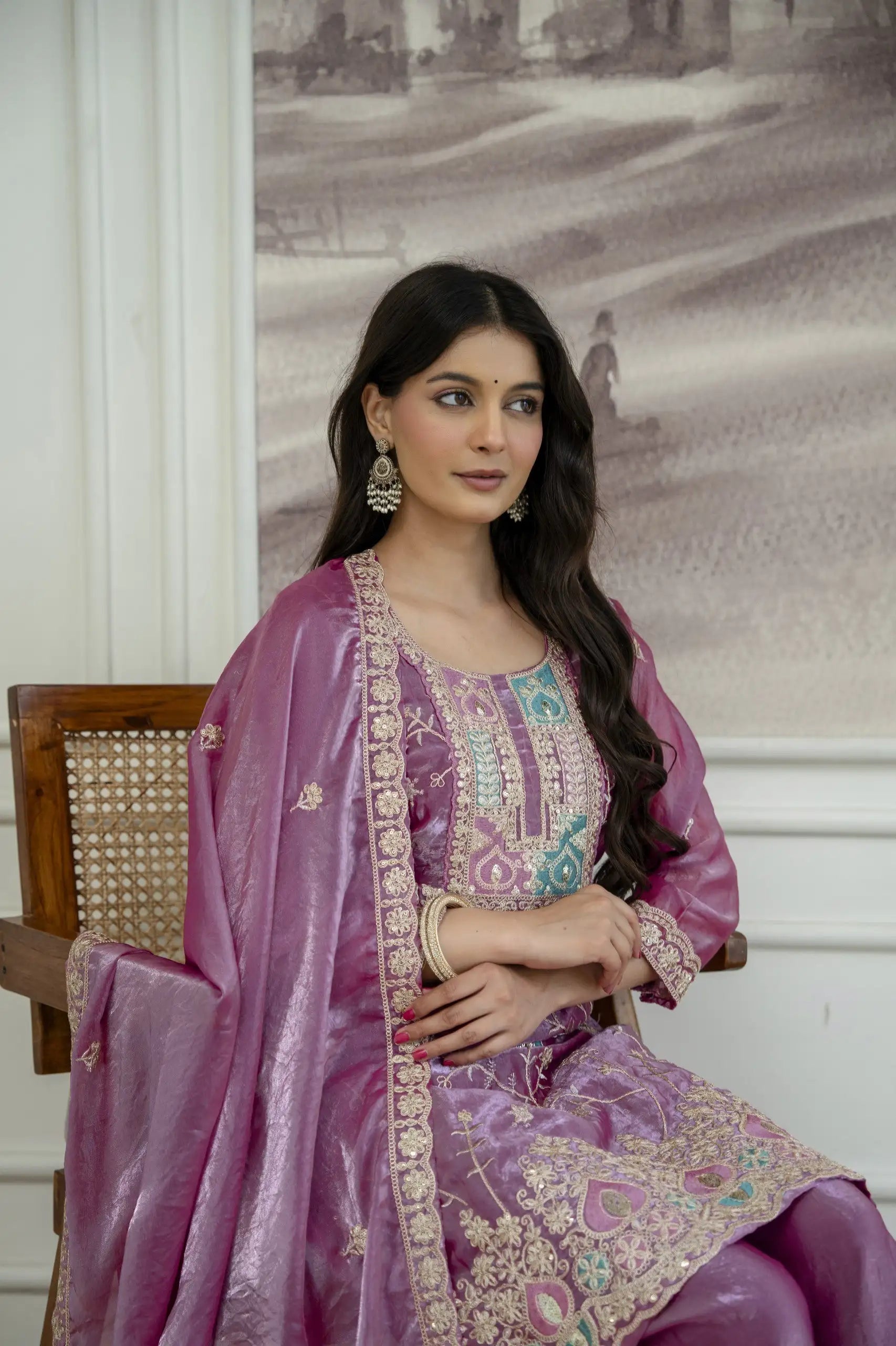 Mauve Sequins Embroidered Suit KU253 seated pose with dupatta