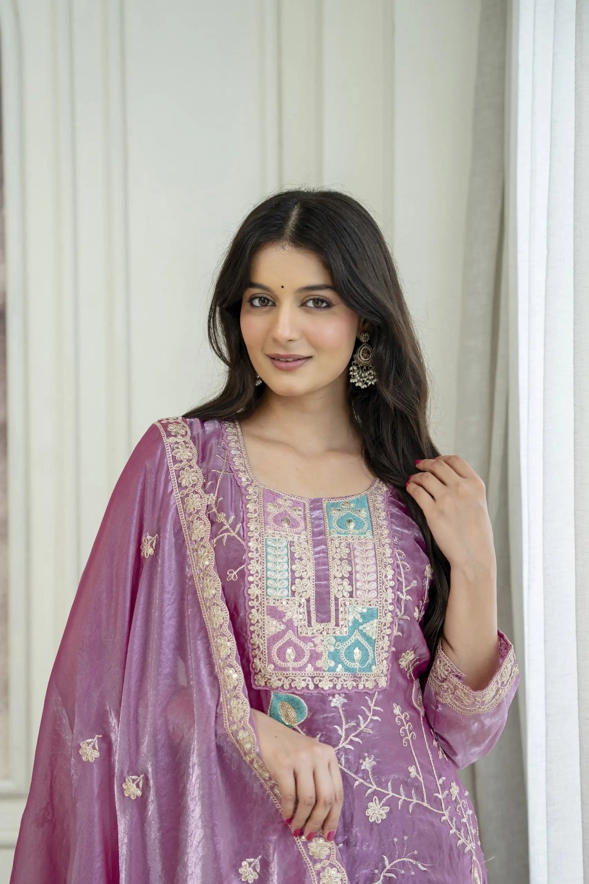 Mauve Sequins Embroidered Palazzo Suit Kalyanja KU253 seated model