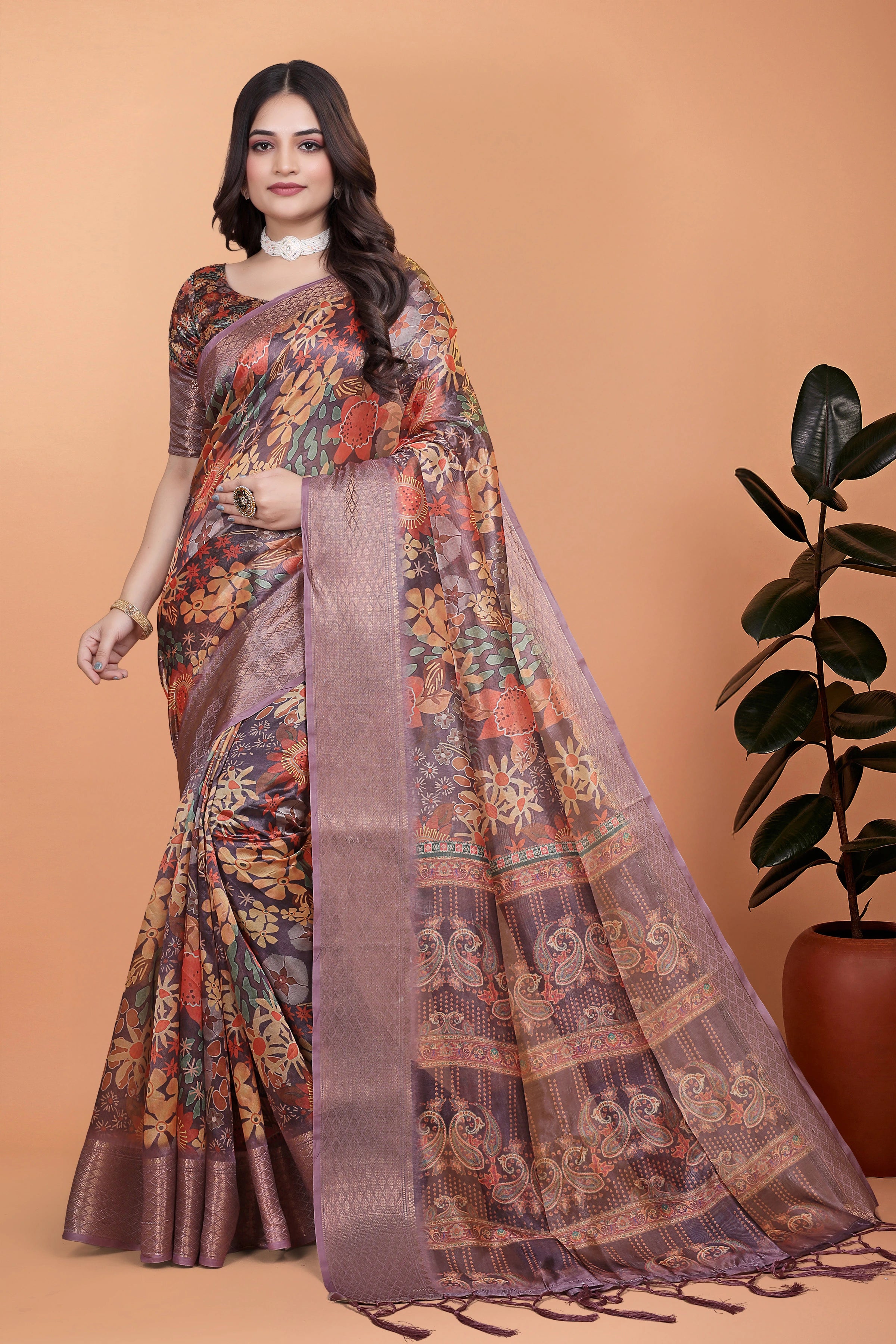 Mauve Zari Weaving Premium Crystal Saree Hero Front View | Kalyanja KS367