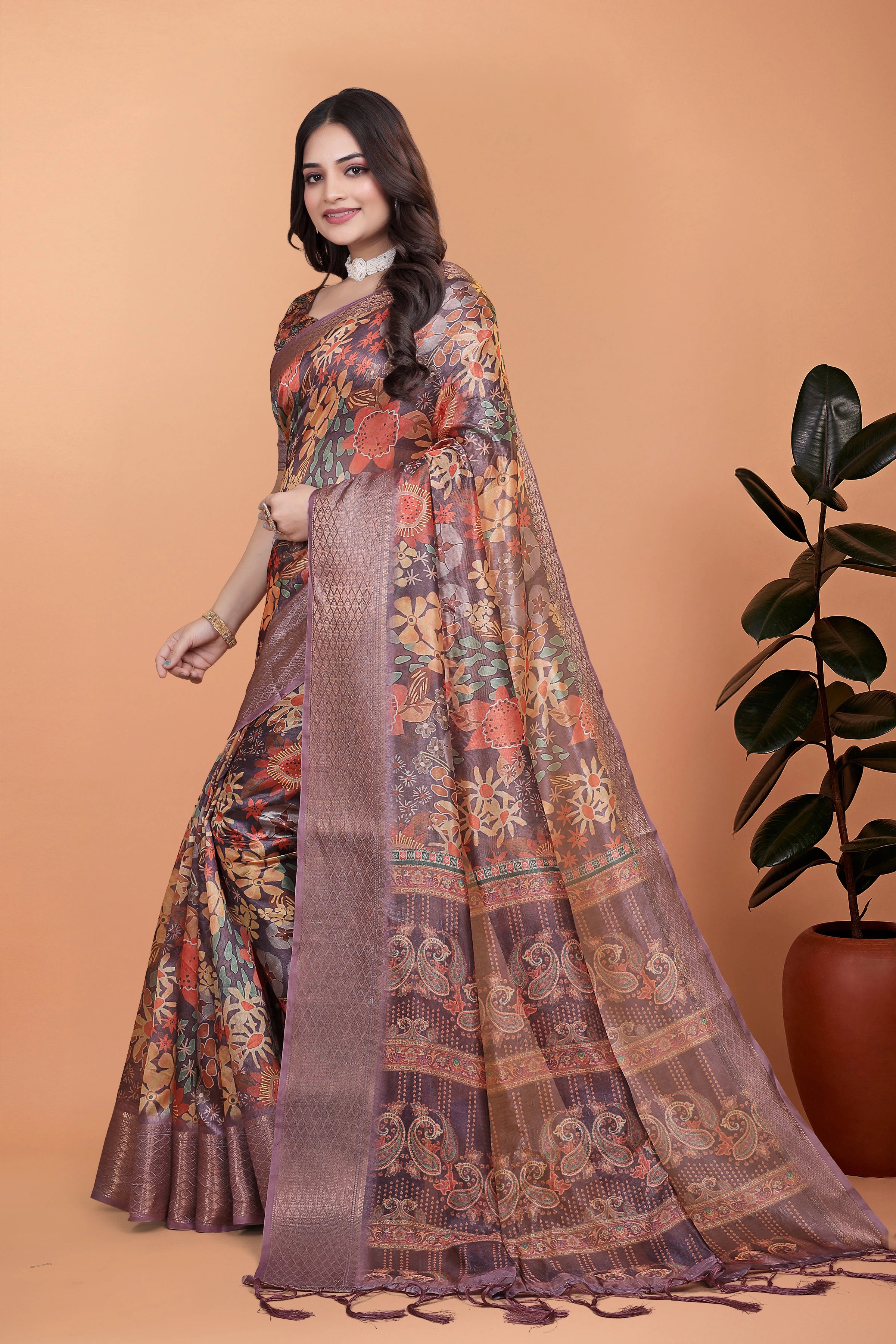 Mauve Zari Weaving Saree Side View Woven Pallu | Kalyanja KS367