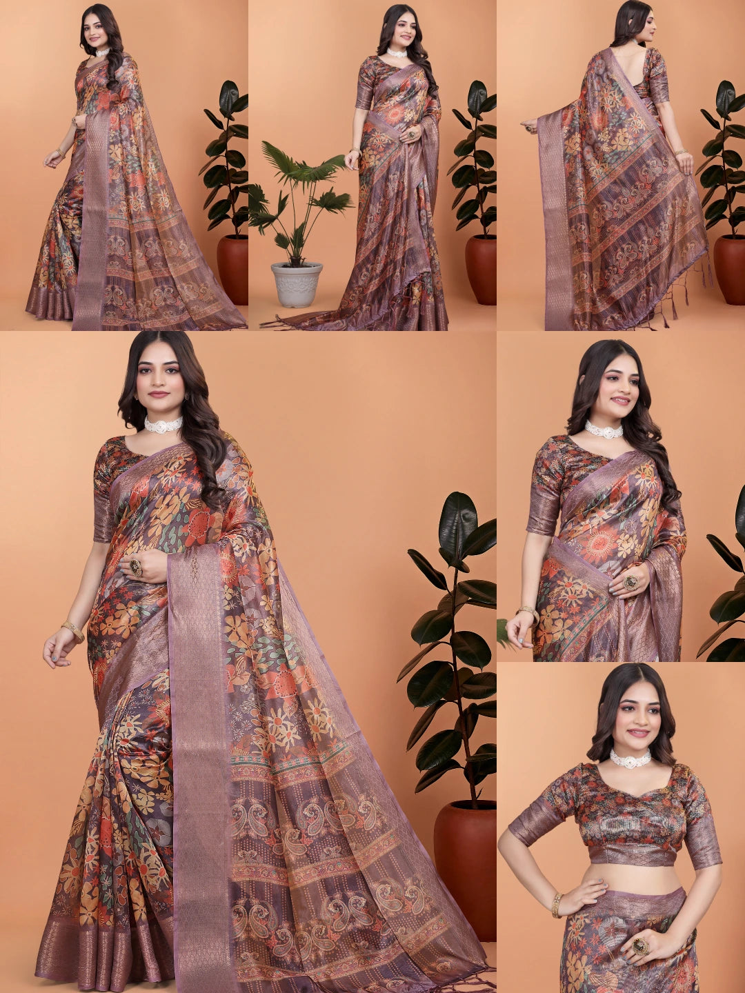 Mauve Zari Weaving Premium Crystal Saree Collage All Views | Kalyanja KS367