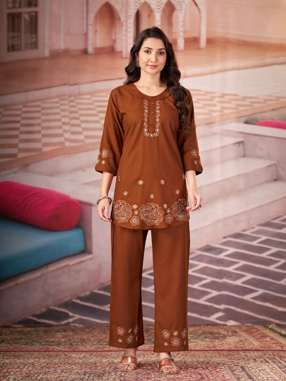 metallic brown multi thread embroidered coord set kalyanja kc13 front full model