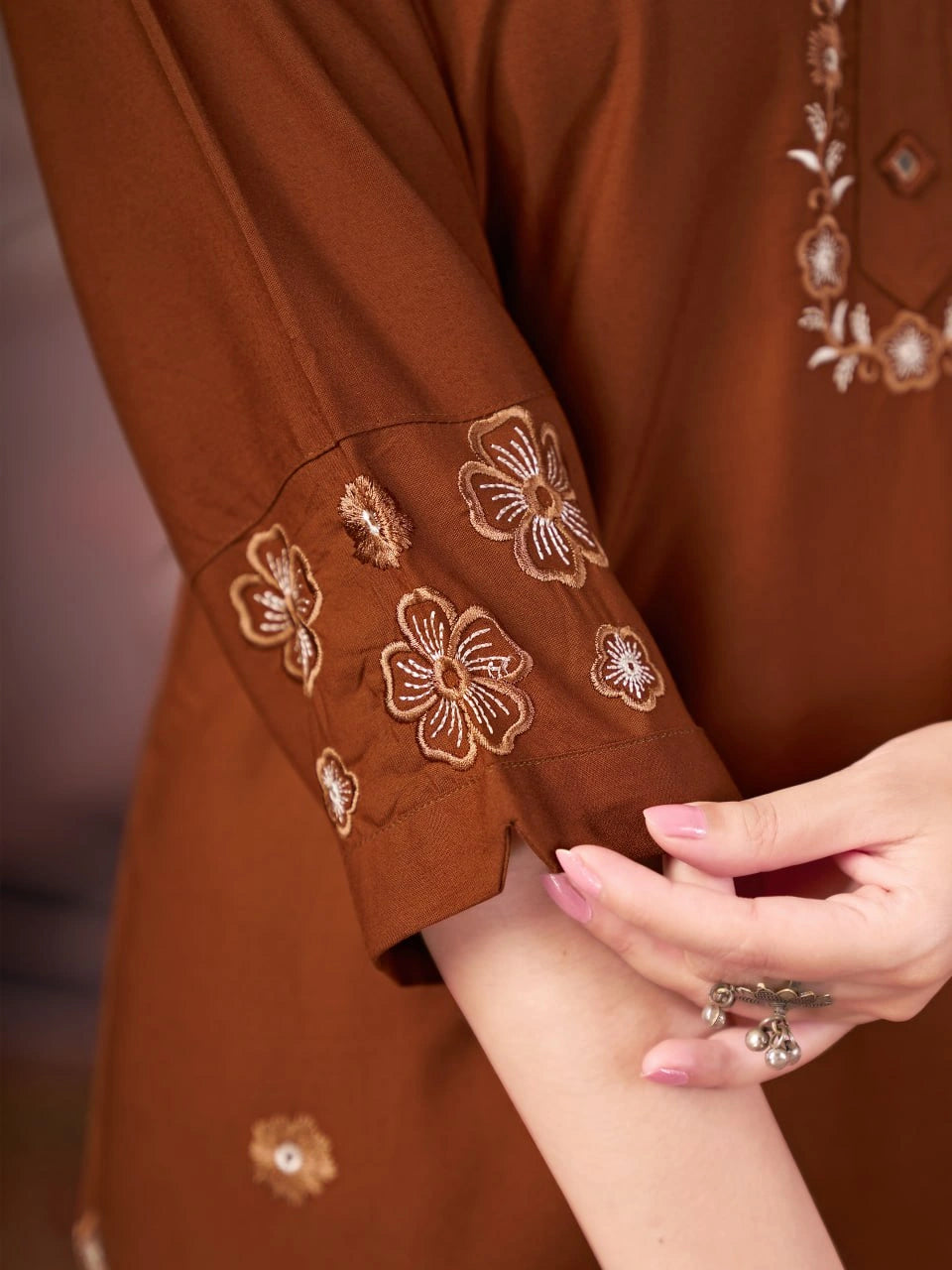 metallic brown multi thread embroidered coord set kalyanja kc13 round neck close up