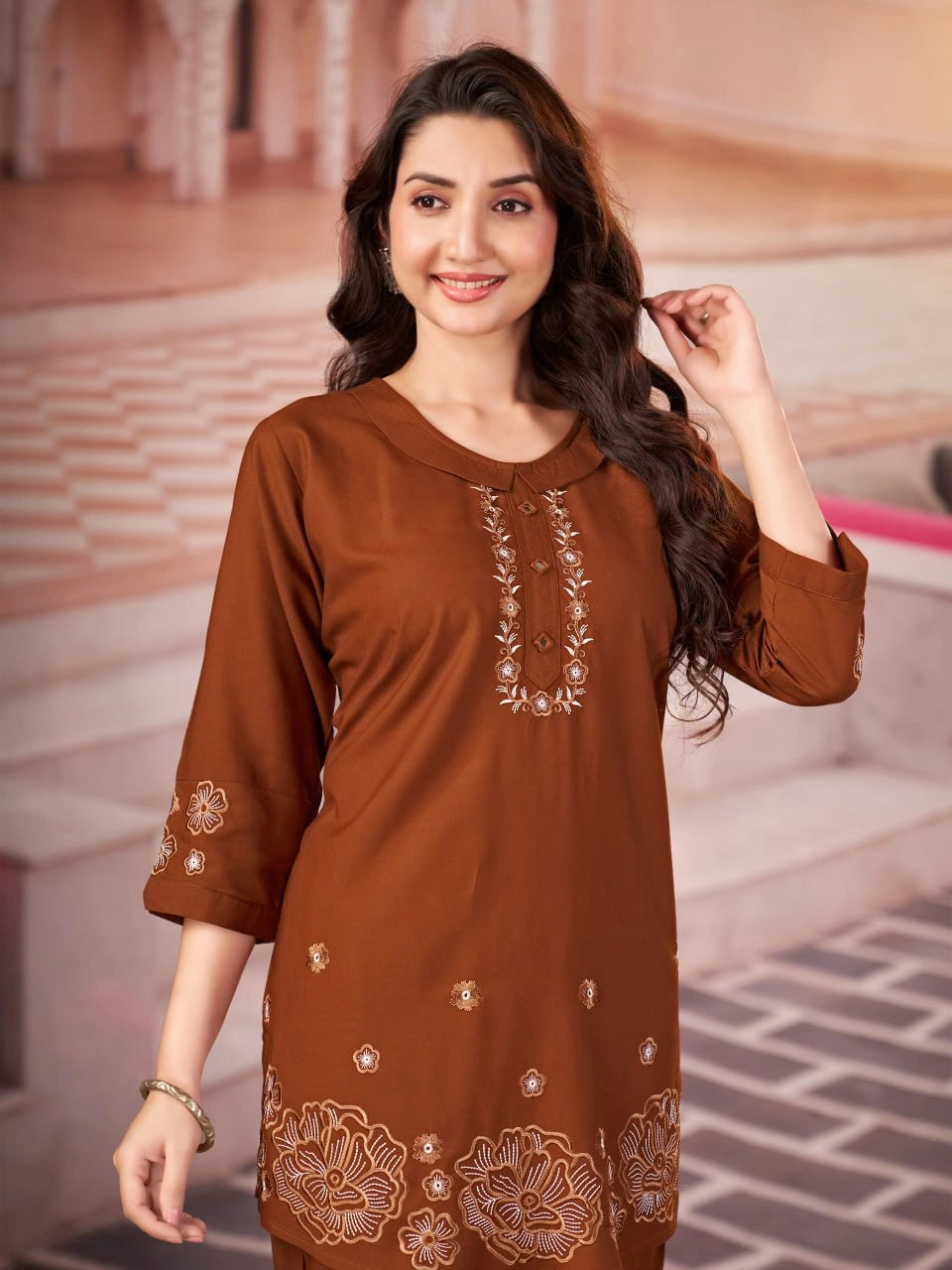 metallic brown multi thread embroidered coord set kalyanja kc13 side front angle