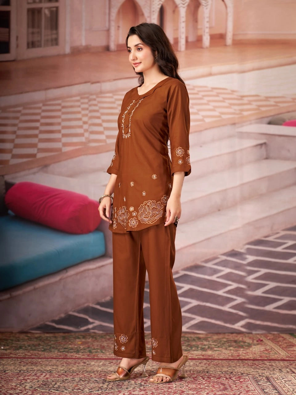 metallic brown multi thread embroidered coord set kalyanja kc13 full body front