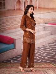 metallic brown multi thread embroidered coord set kalyanja kc13 embroidery body detail