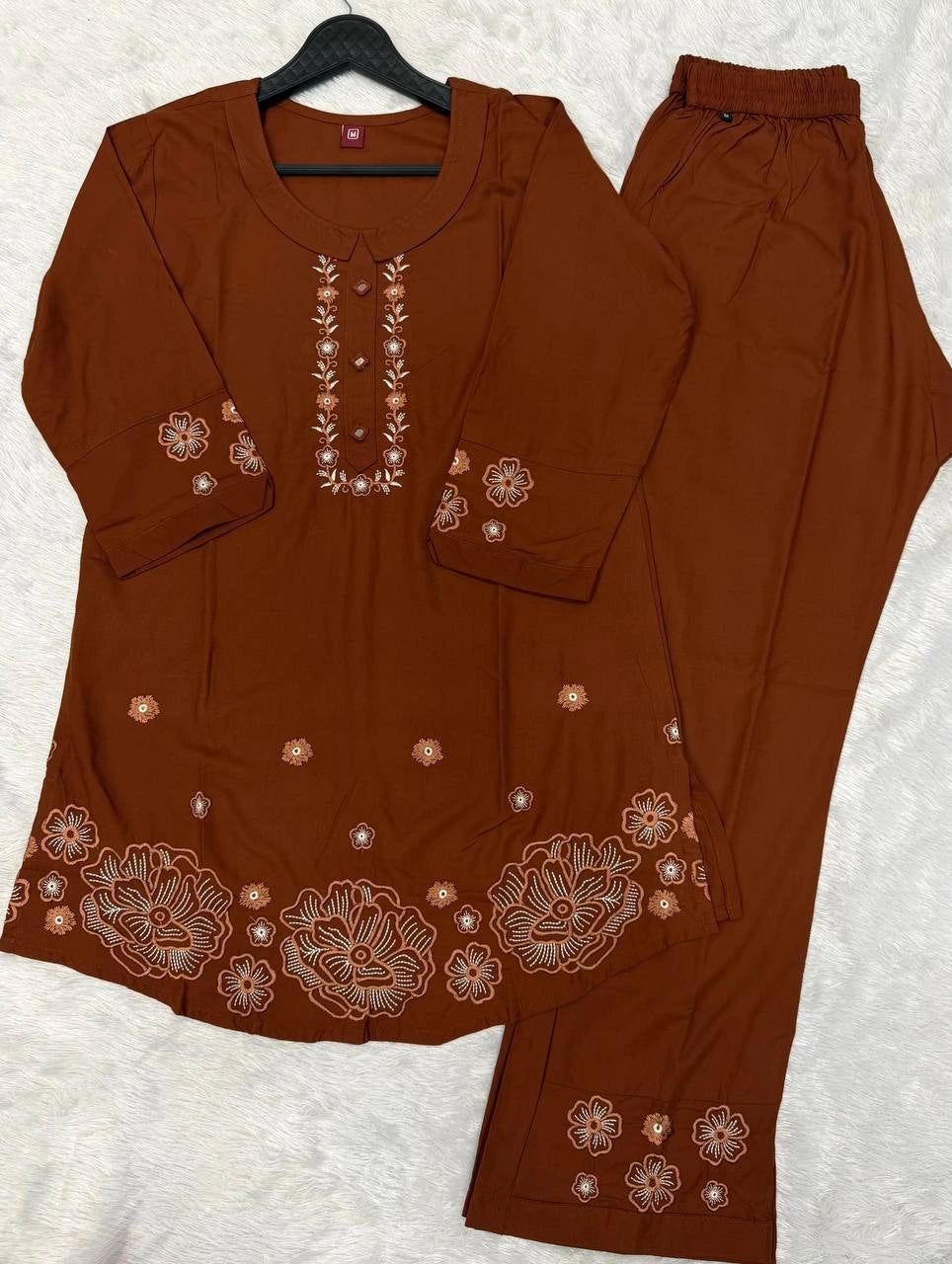 metallic brown multi thread embroidered coord set kalyanja kc13 flat lay top and pant