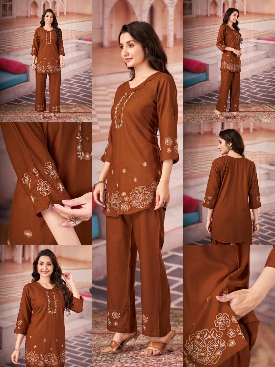 metallic brown multi thread embroidered rayon coord set kalyanja kc13 all angles catalog