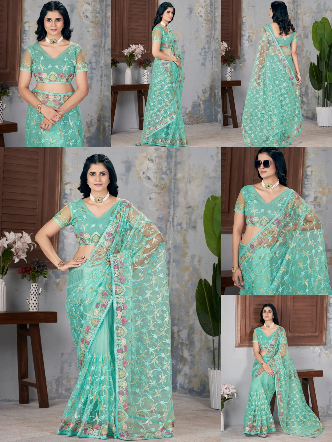 Mint Green Multi Thread Embroidered Saree collage – KS375 Kalyanja