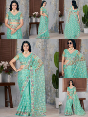 Mint Green Multi Thread Embroidered Saree collage – KS375 Kalyanja