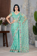 Mint Green Multi Thread Embroidered Saree full front – KS375