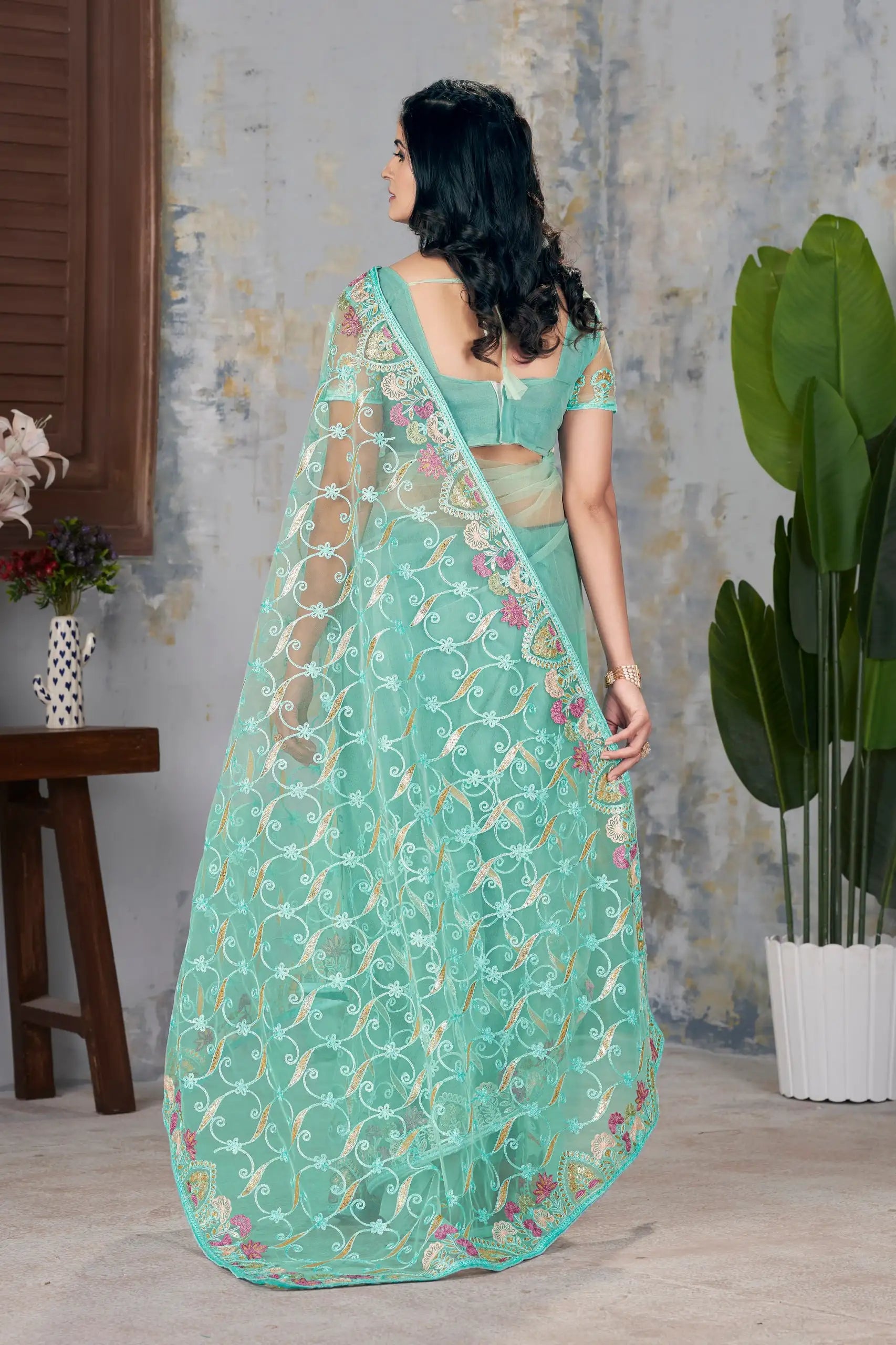 Mint Green Saree back pallu view – KS375