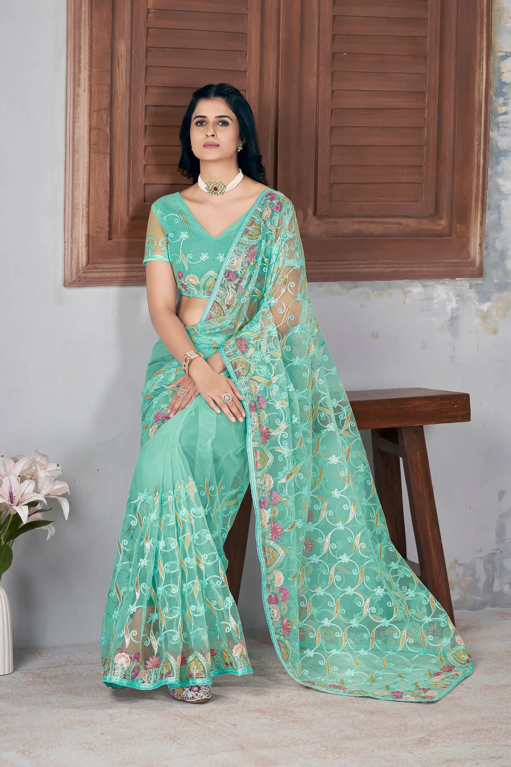 Mint Green Butterfly Net Saree blouse detail – KS375