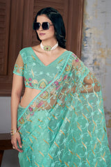 Mint Green Embroidered Saree close-up draping – KS375