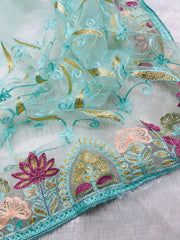 Mint Green Butterfly Net Saree embroidery detail – KS375