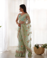Mint Green Thread Embroidered Saree full front – KS378