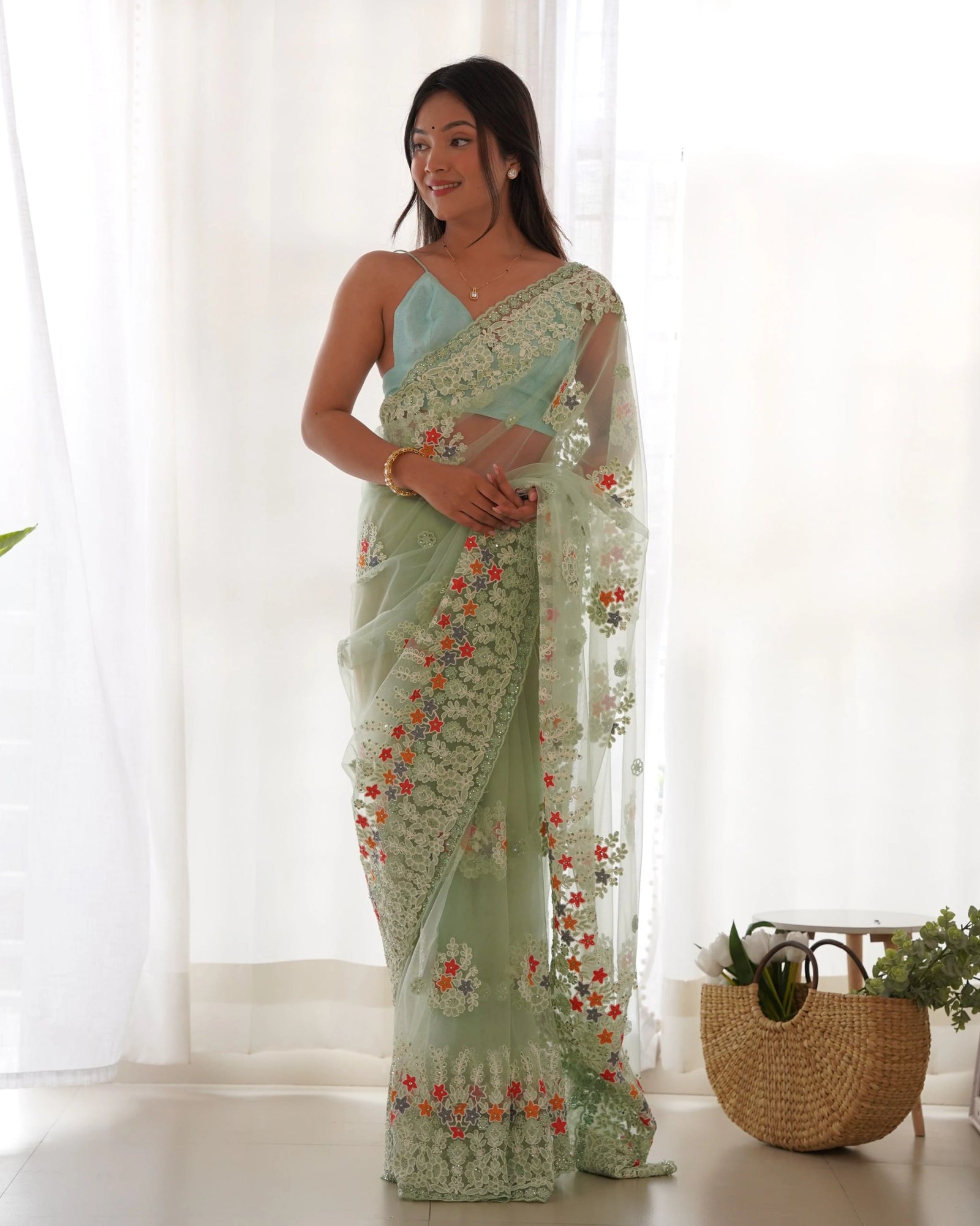 Mint Green Butterfly Net Saree model drape – KS378