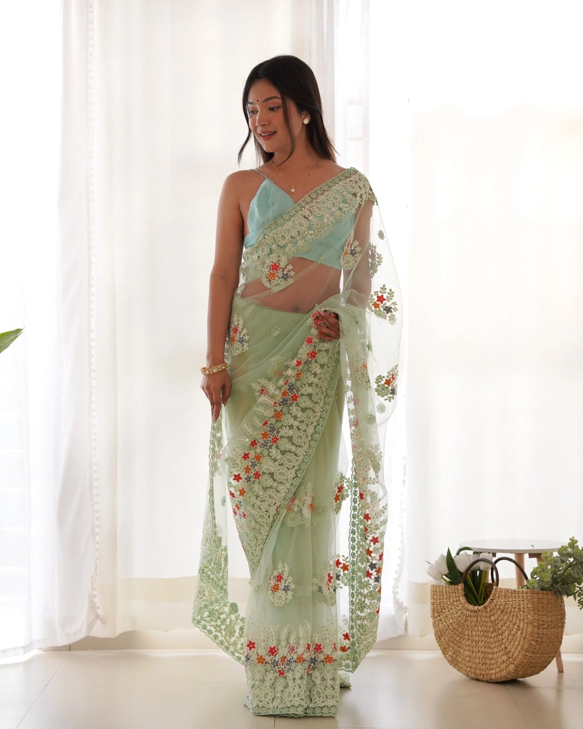 Mint Green Embroidered Saree side view – KS378