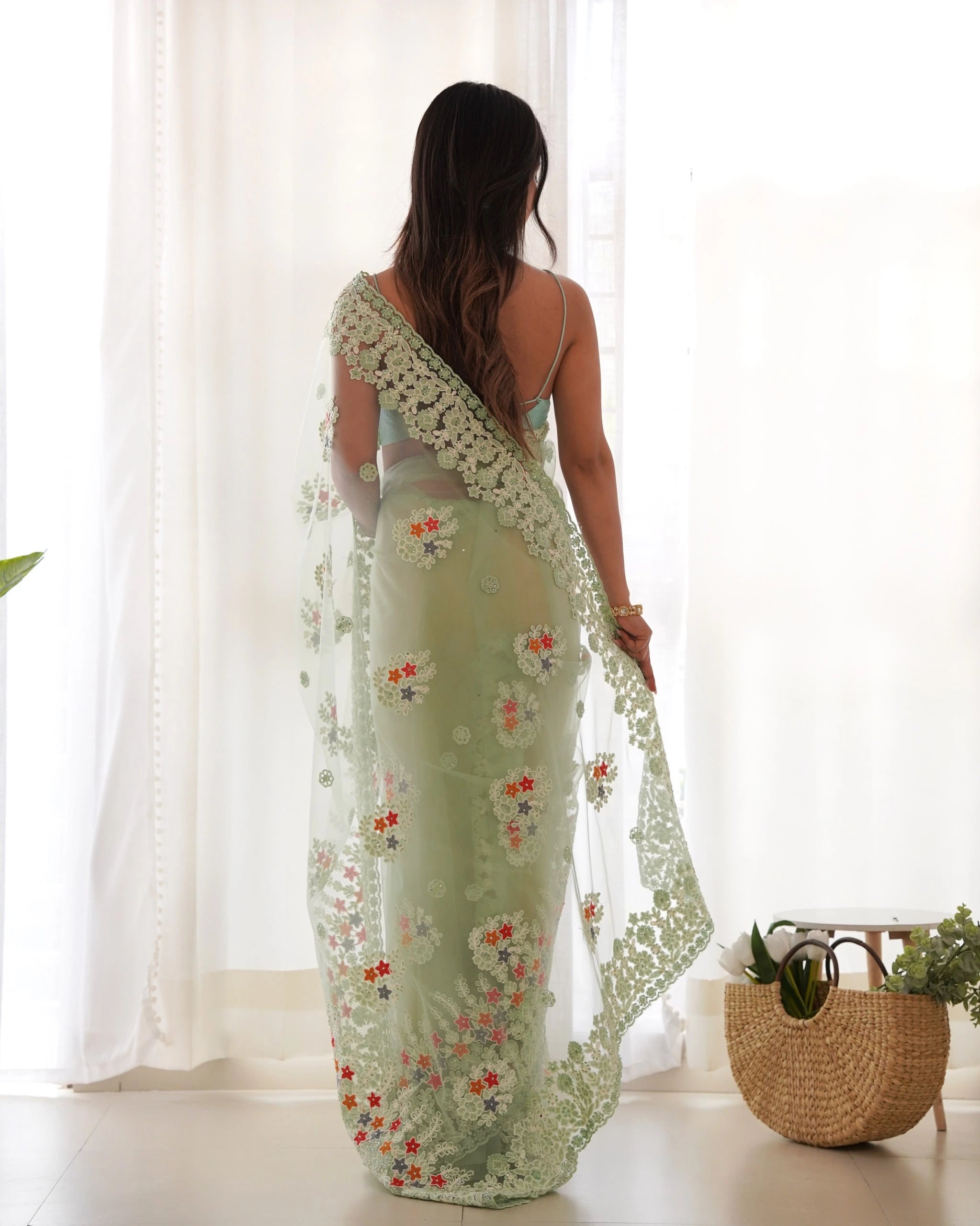 Mint Green Saree stone work detail – KS378