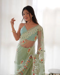Mint Green Butterfly Net Saree border scallop – KS378