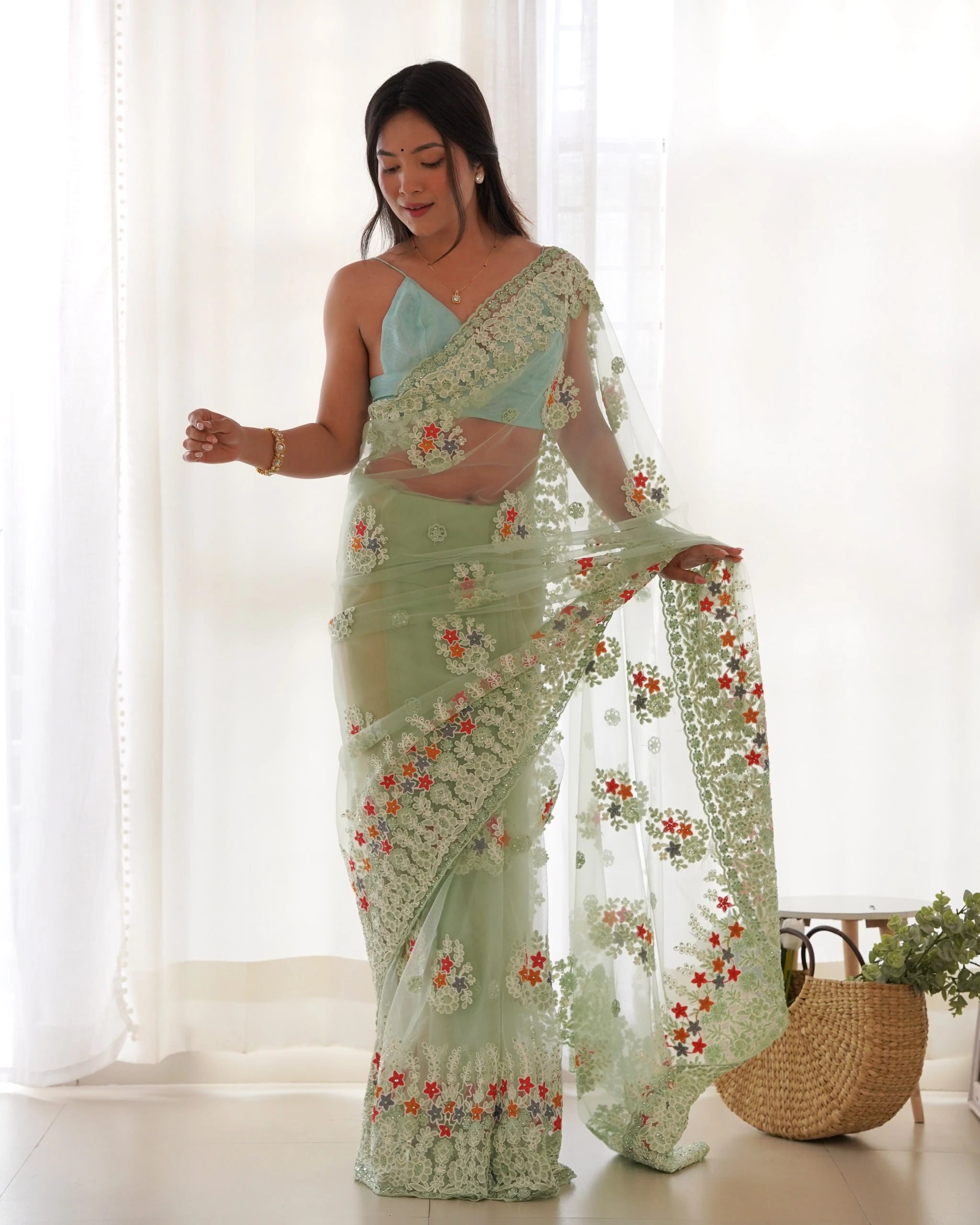 Mint Green Thread Embroidered Saree draping – KS378